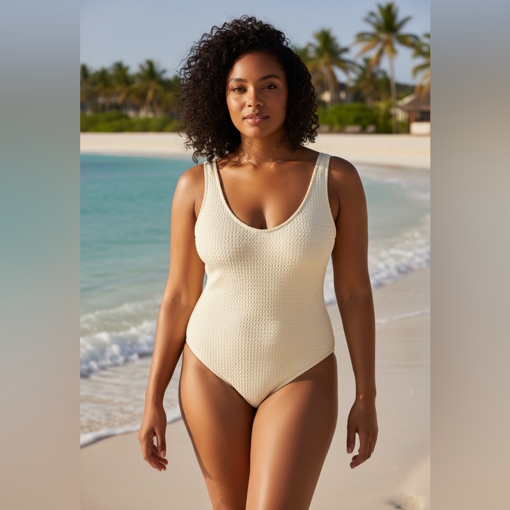 Swimwear Cream Waffle Weave One‎ Piece SZ 1X Women High Leg Bathing Suit Padded